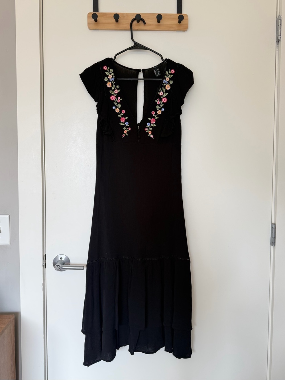 Forever 21 Black Midi Dress with Multicolor Floral Embroidery